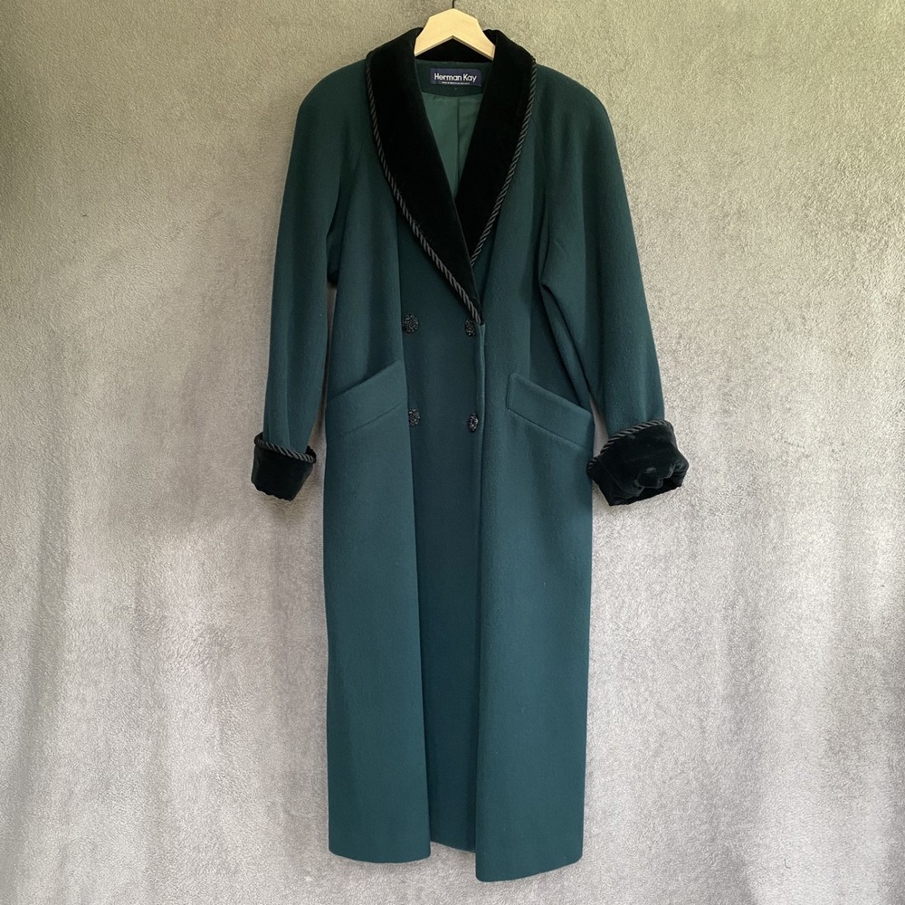 Vintage Herman Kay 100% Wool Trench Coat Size 14 Velvet Trim Double Breasted